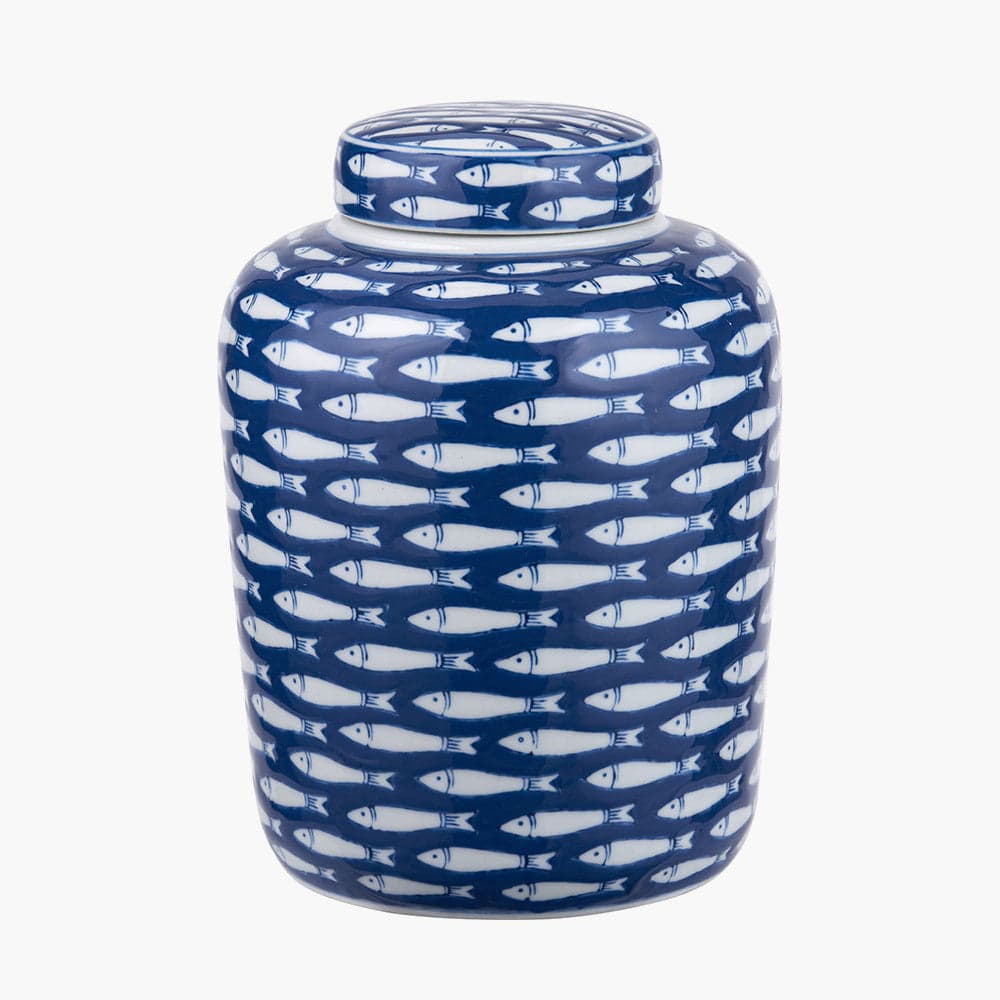 Schoal Blue and White Ceramic Fish Detail Lidded Ginger Jar.