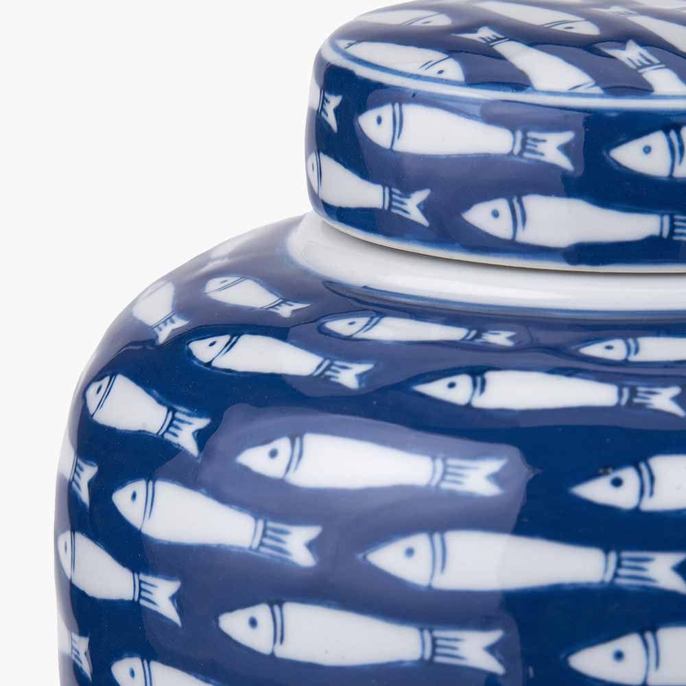 Schoal Blue and White Ceramic Fish Detail Lidded Ginger Jar.