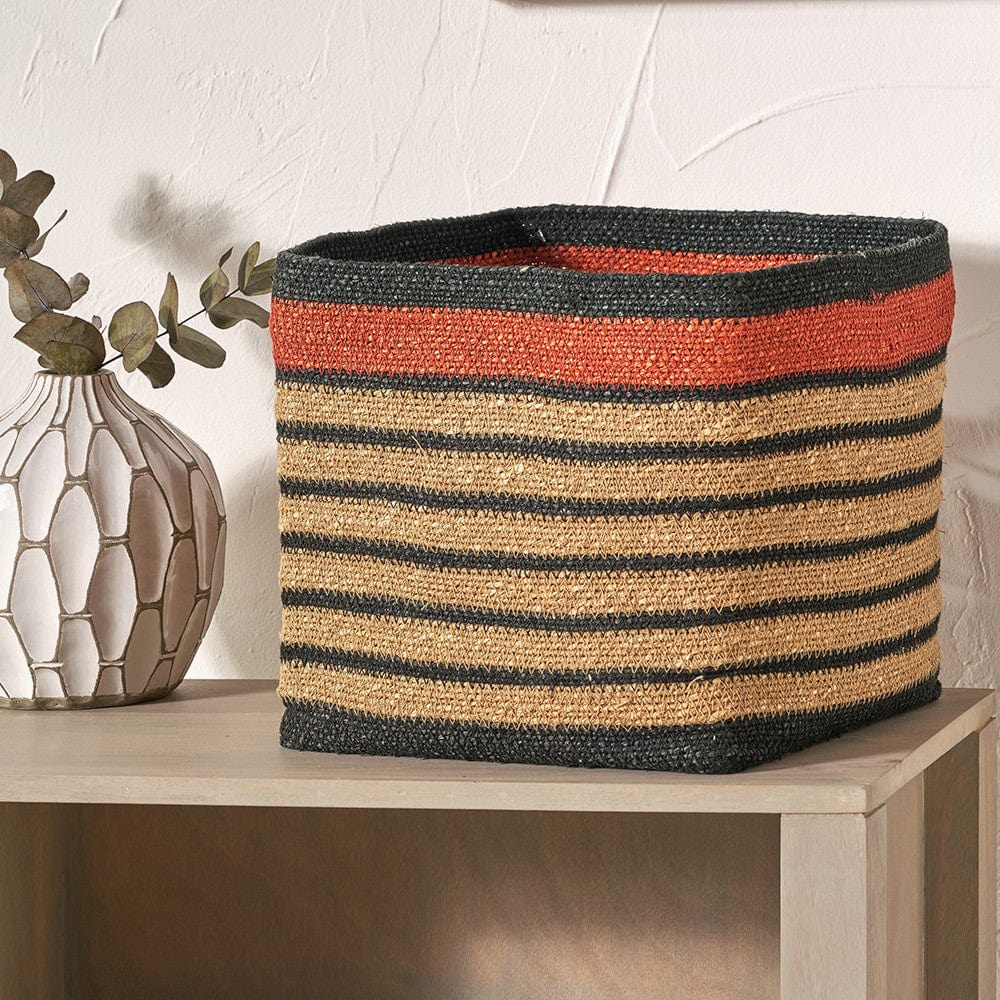 Seagrass Natural, Black and Terracotta Stripe Square Basket.