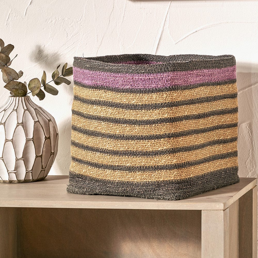 Seagrass Natural, Grey and Lilac Stripe Square Basket.