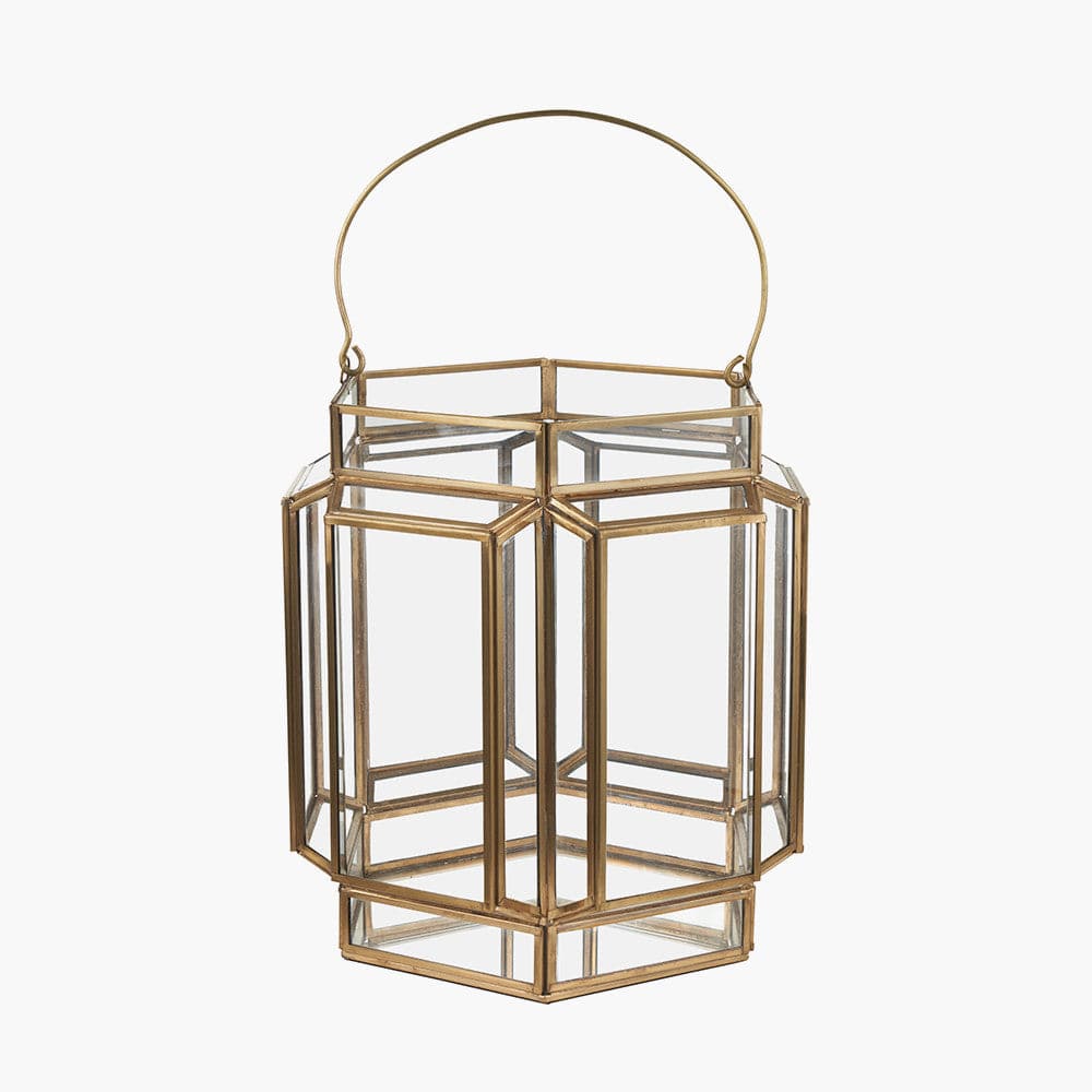 Shiny Brass Metal and Glass Hexagon Wide Lantern.
