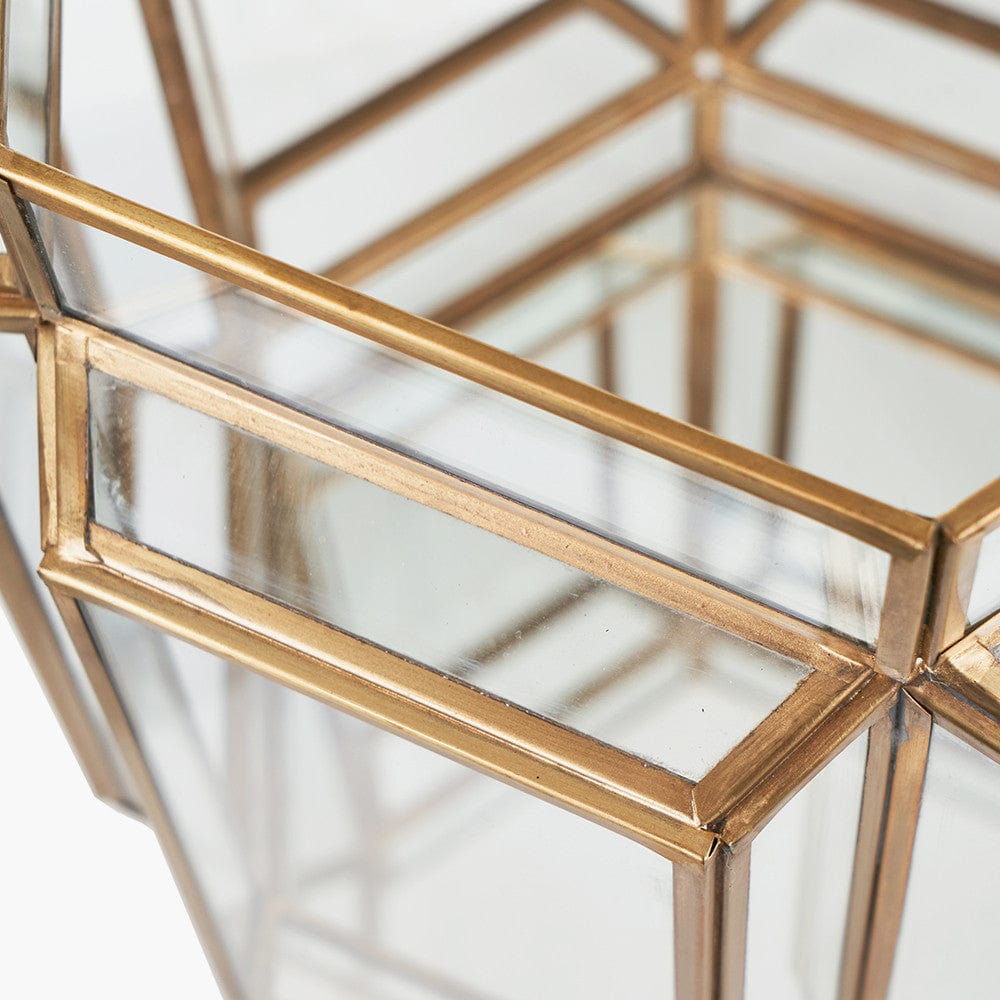 Shiny Brass Metal and Glass Hexagon Wide Lantern.