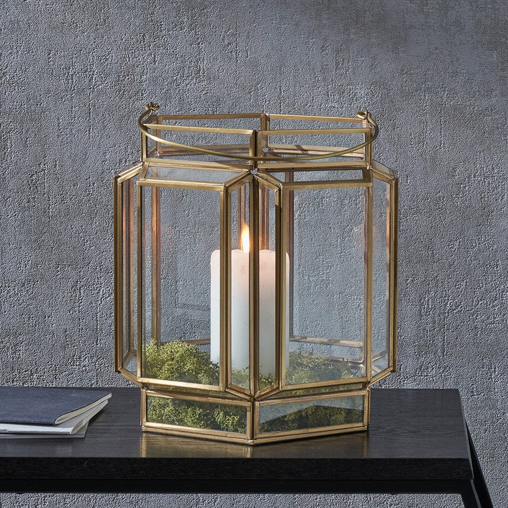 Shiny Brass Metal and Glass Hexagon Wide Lantern.
