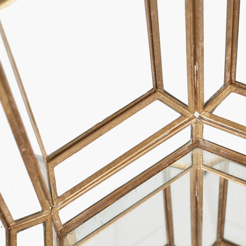 Shiny Brass Metal and Glass Hexagon Wide Lantern.