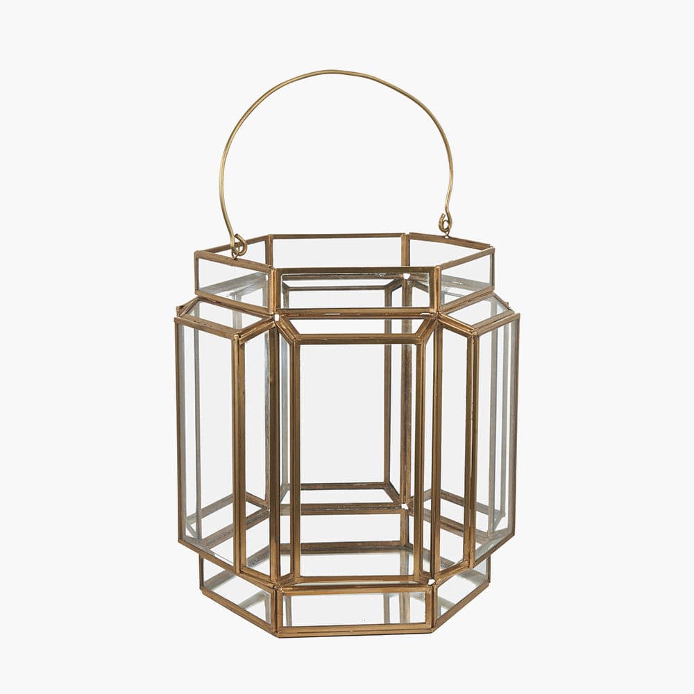 Shiny Brass Metal and Glass Hexagon Wide Lantern.