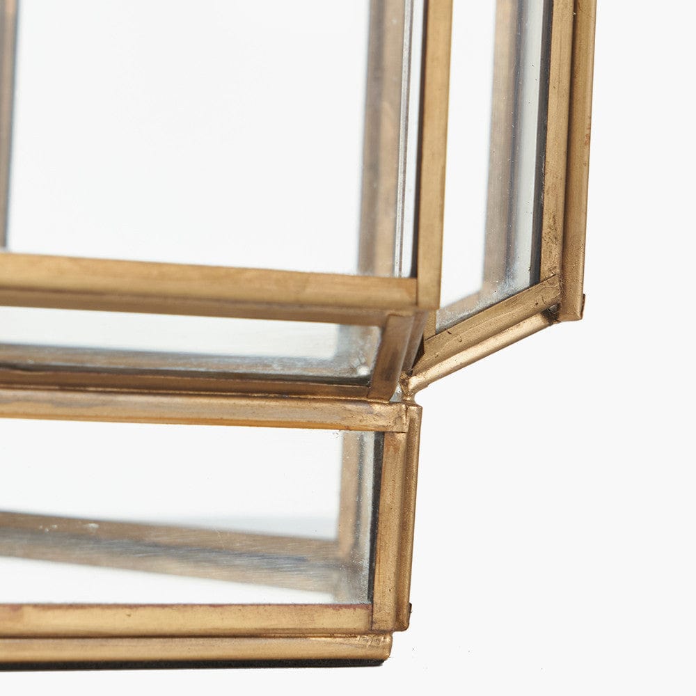 Shiny Brass Metal and Glass Hexagon Wide Lantern.