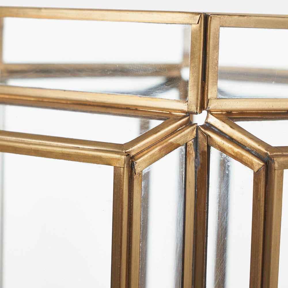 Shiny Brass Metal and Glass Hexagon Wide Lantern.