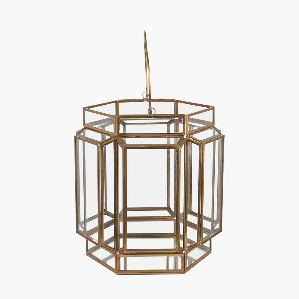 Shiny Brass Metal and Glass Hexagon Wide Lantern.
