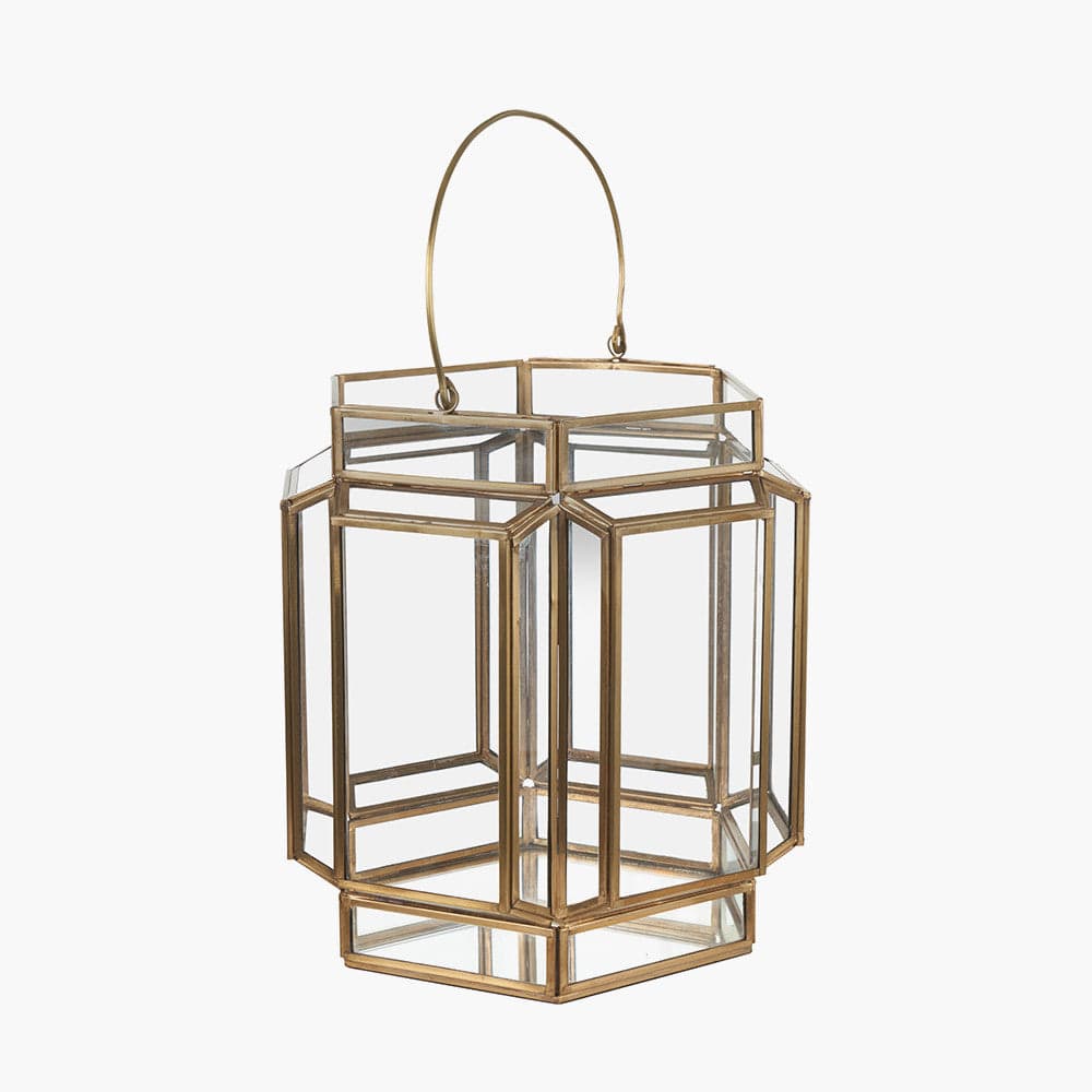 Shiny Brass Metal and Glass Hexagon Wide Lantern.