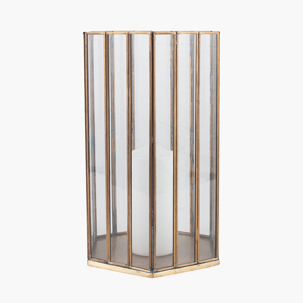 Shiny Brass Metal & Glass Hexagonal Lantern Large.