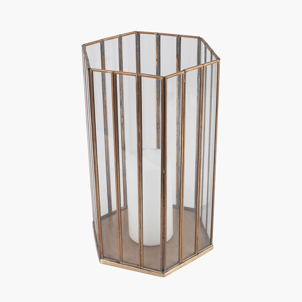 Shiny Brass Metal & Glass Hexagonal Lantern Large.