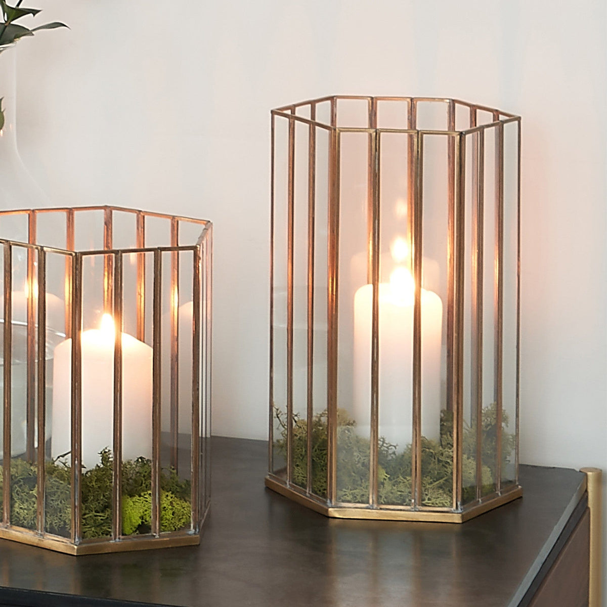 Shiny Brass Metal & Glass Hexagonal Lantern Large.