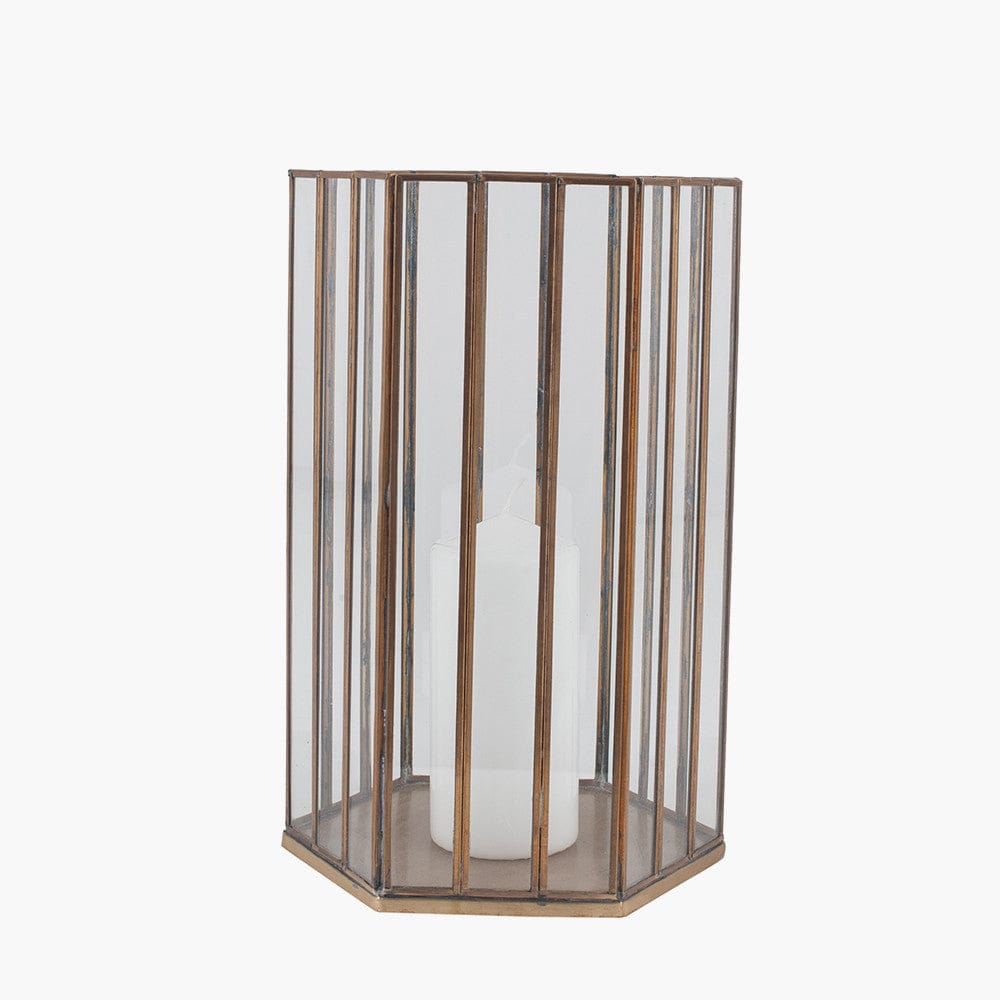 Shiny Brass Metal & Glass Hexagonal Lantern Large.