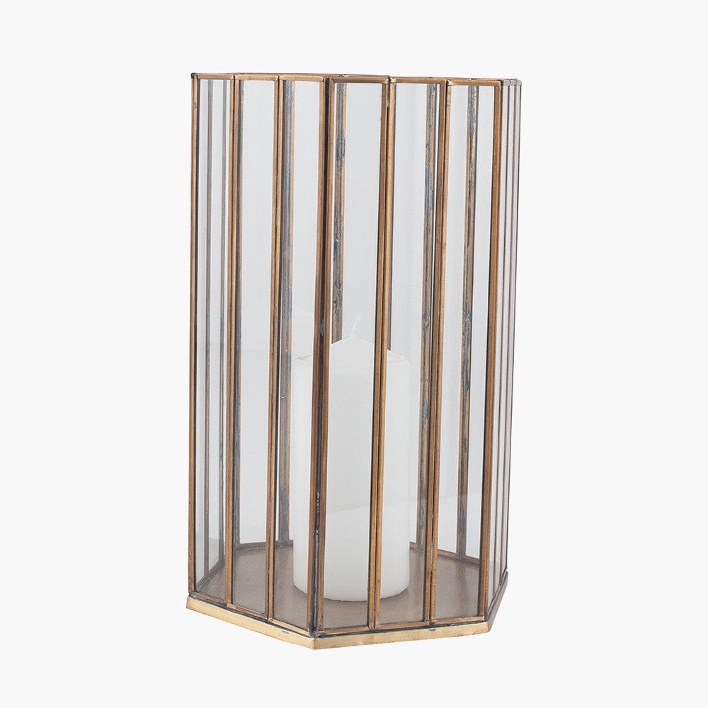 Shiny Brass Metal & Glass Hexagonal Lantern Large.