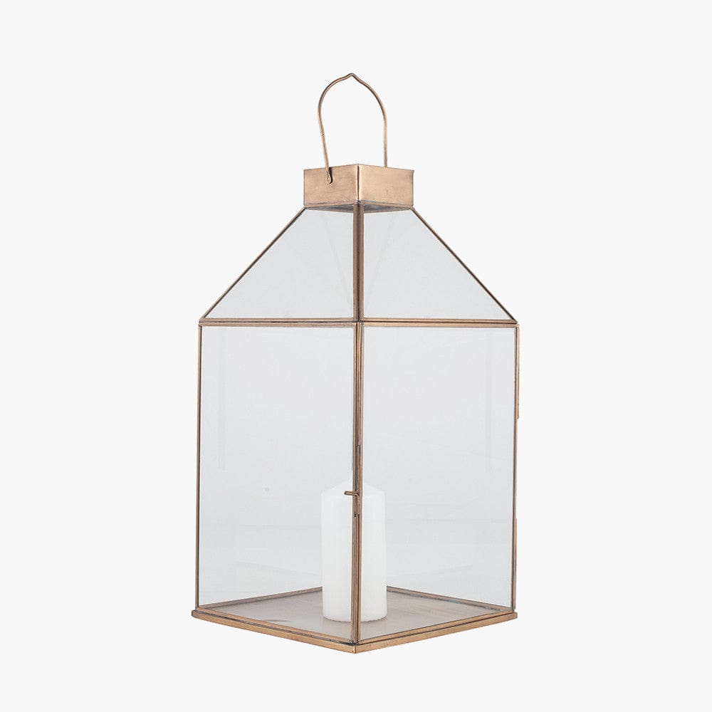 Shiny Brass Metal & Glass Square Lantern.