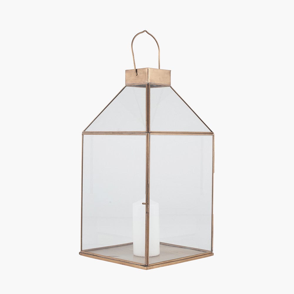 Pacific Lifestyle Accessories Shiny Brass Metal & Glass Square Lantern House of Isabella UK