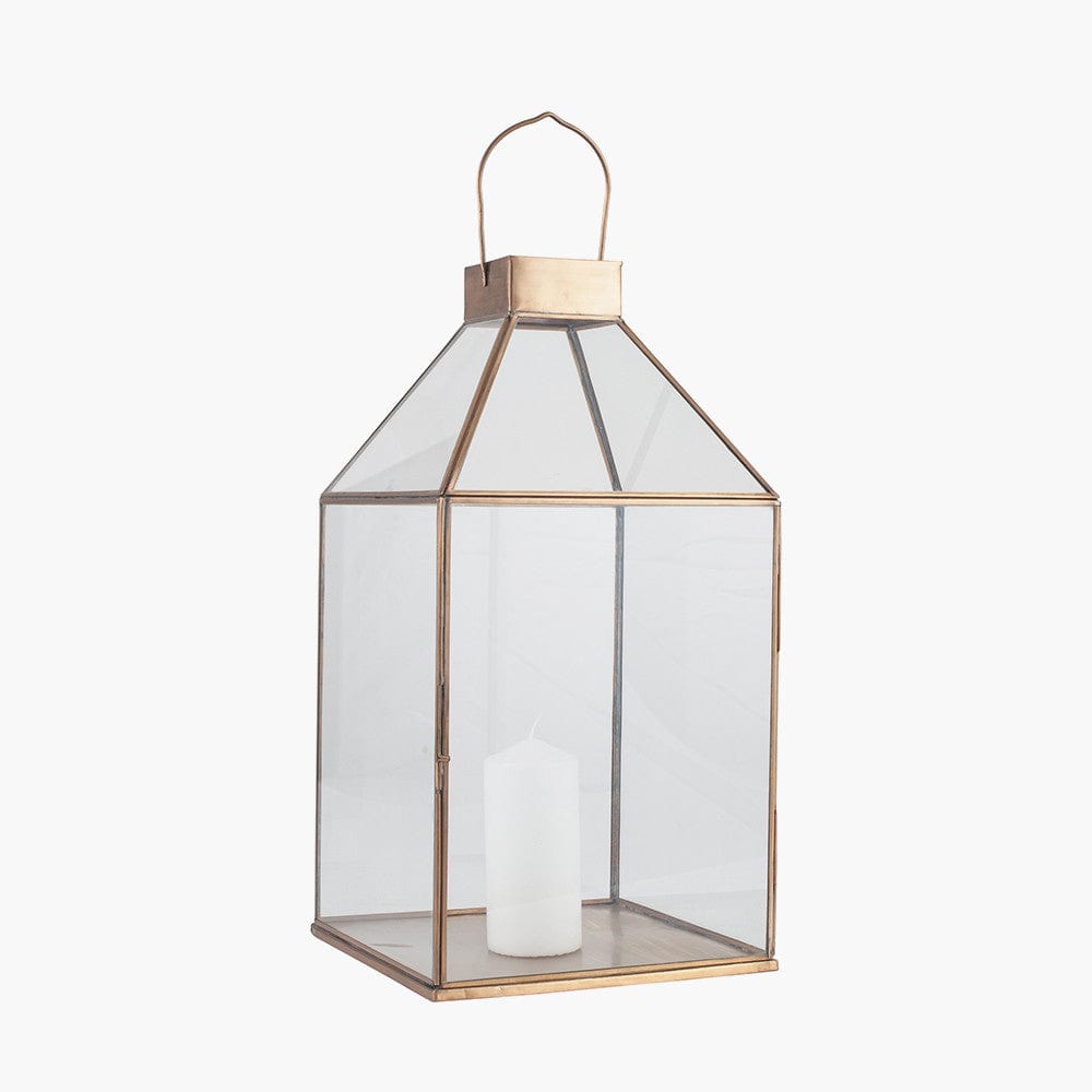Shiny Brass Metal & Glass Square Lantern.