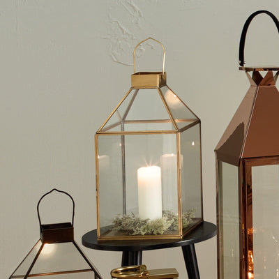 Pacific Lifestyle Accessories Shiny Brass Metal & Glass Square Lantern House of Isabella UK