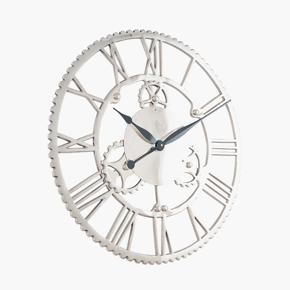 Shiny Nickel Cog Design Round Wall Clock Large.