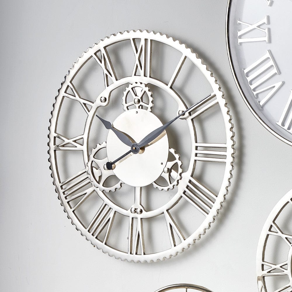 Shiny Nickel Cog Design Round Wall Clock Large.