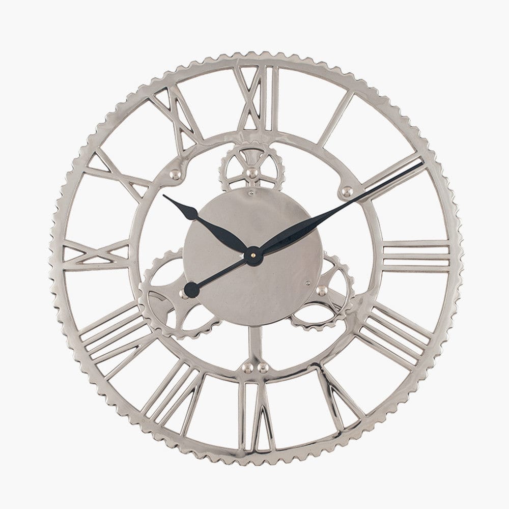 Shiny Nickel Cog Design Round Wall Clock Large.