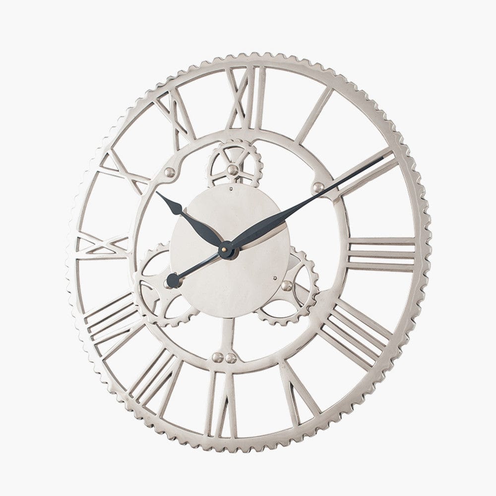 Shiny Nickel Cog Design Round Wall Clock Large.