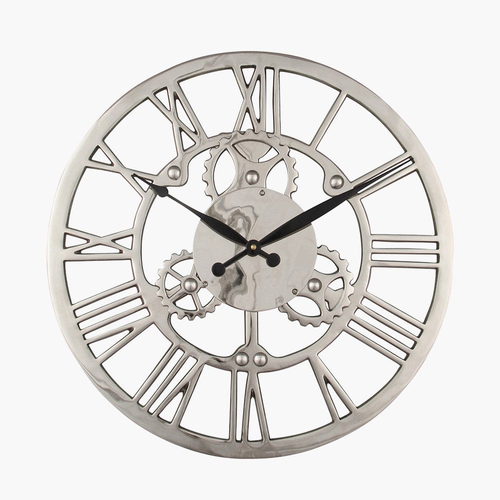 Shiny Nickel Cog Design Round Wall Clock Small.