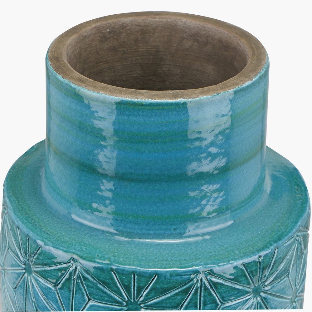 Sidra Aquamarine Stoneware Etch Detail Vase.