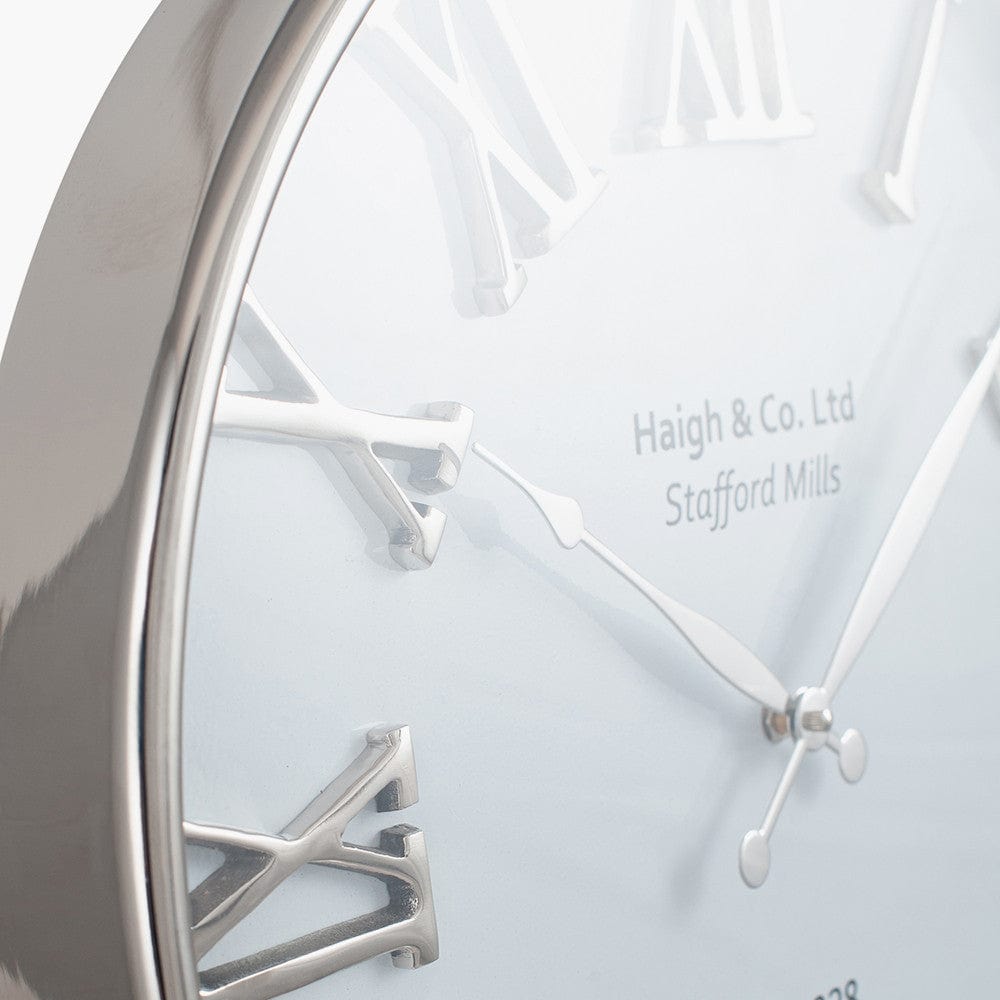 Silver and White Metal Round Wall Clock.