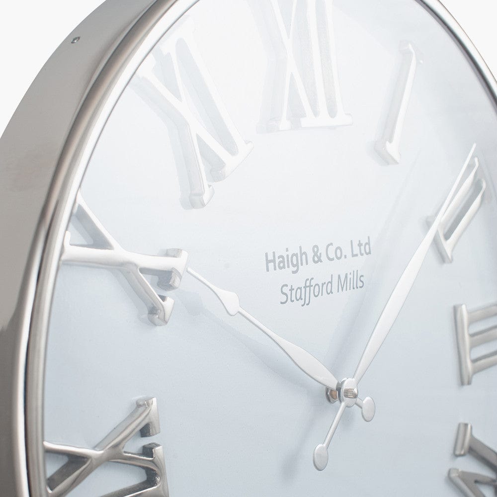 Silver and White Metal Round Wall Clock.