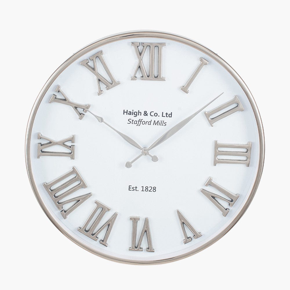 Silver and White Metal Round Wall Clock.