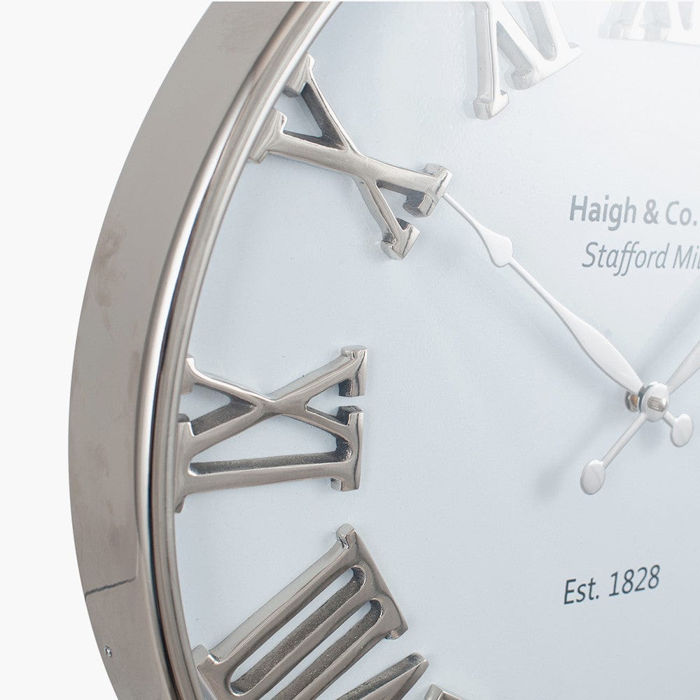 Silver and White Metal Round Wall Clock.