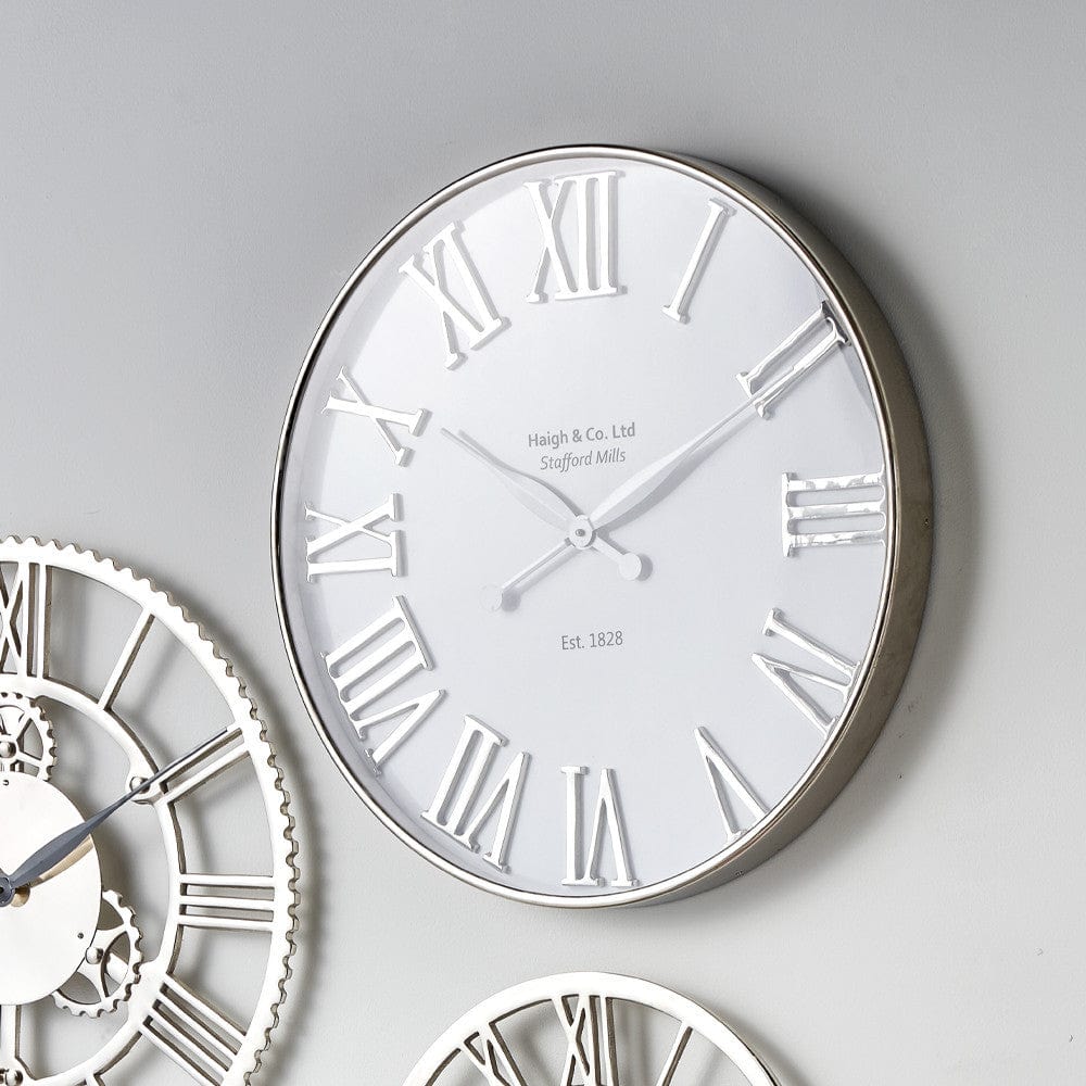 Silver and White Metal Round Wall Clock.