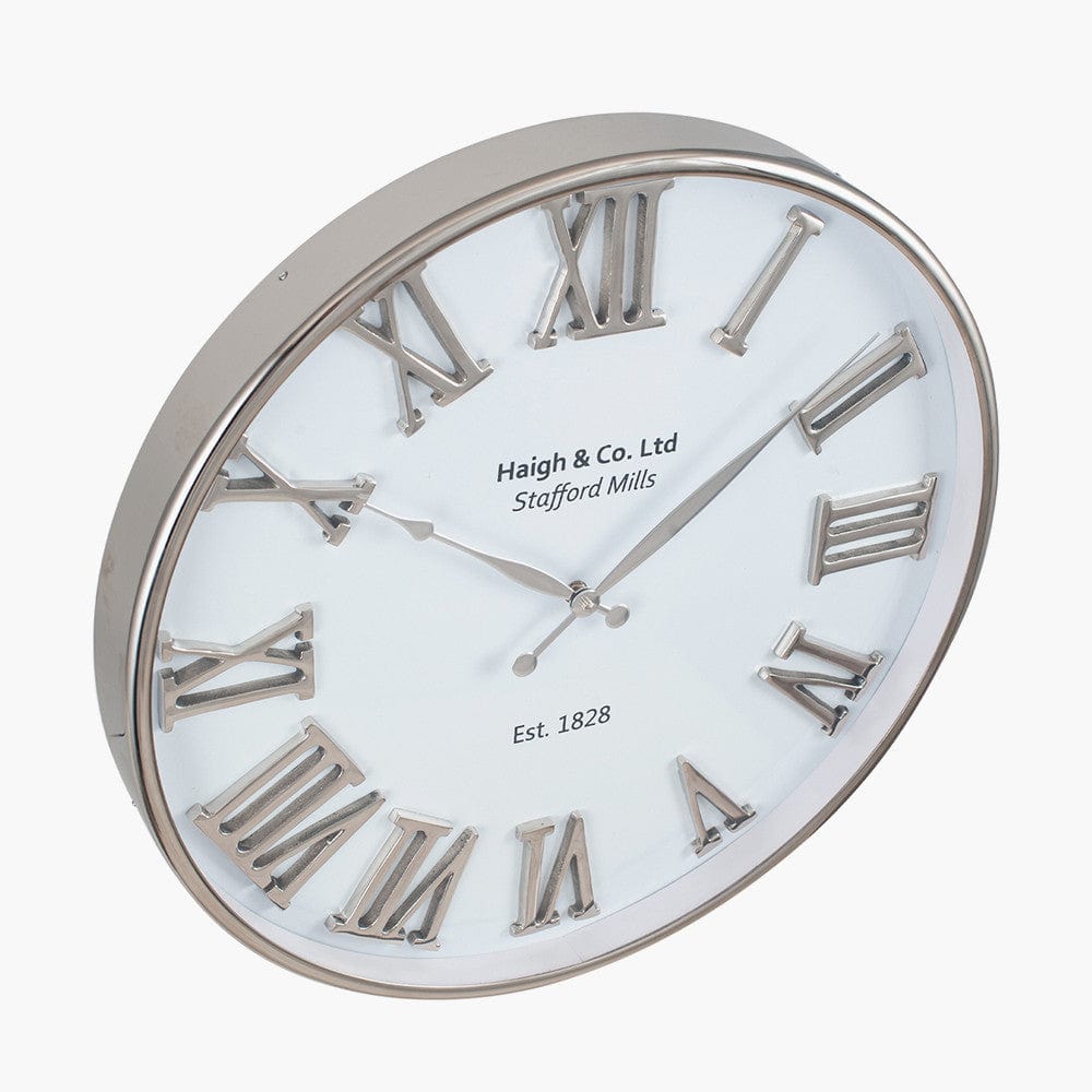 Silver and White Metal Round Wall Clock.