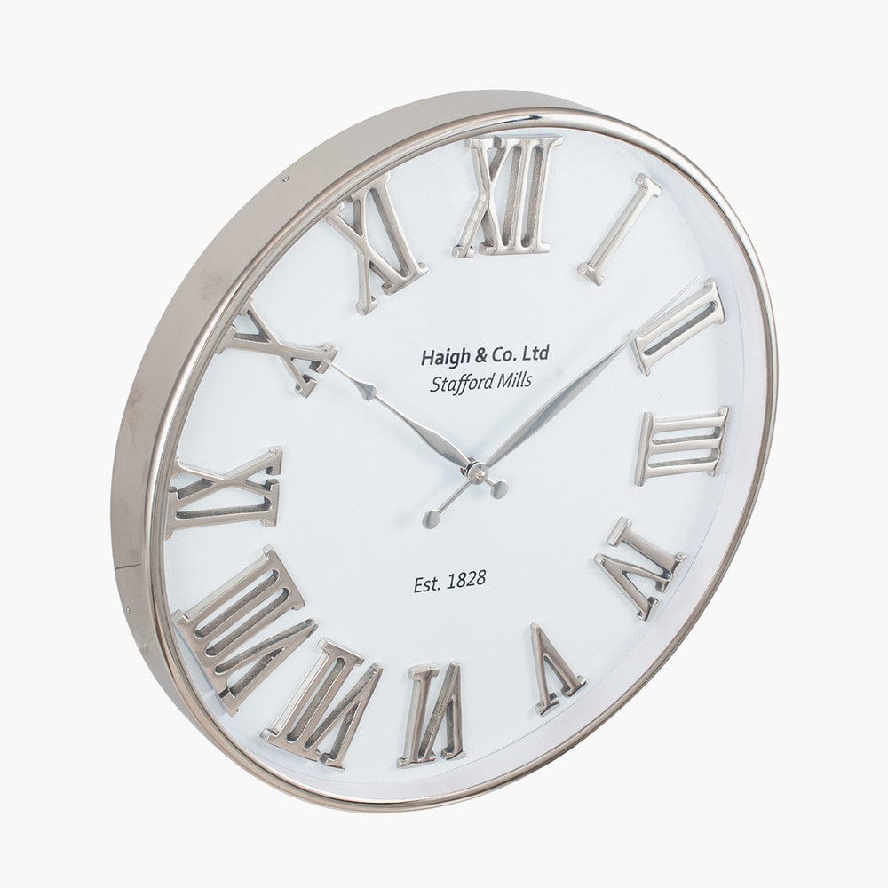 Silver and White Metal Round Wall Clock.