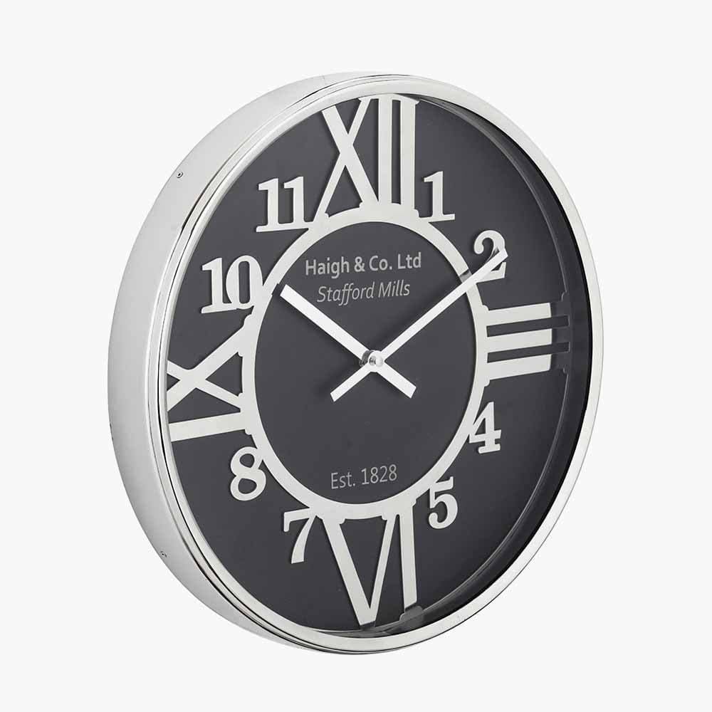 Pacific Lifestyle Accessories Silver Metal and Black Face Round Wall Clock House of Isabella UK