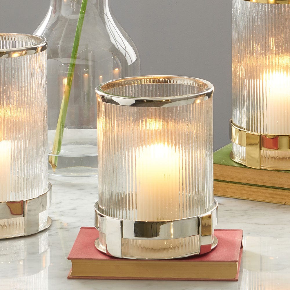 Silver Metal and Clear Textured Glass Hurricane.