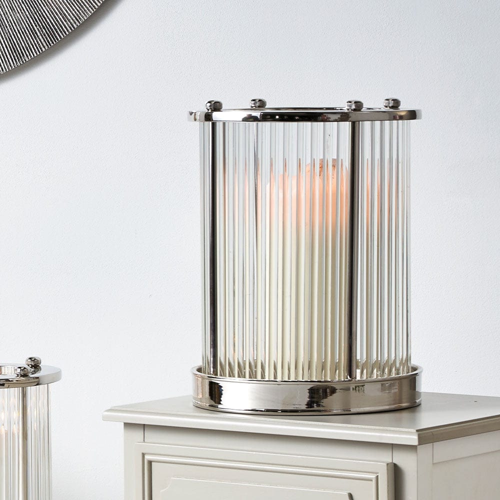 Silver Metal and Clear Textured Glass Large Hurricane.