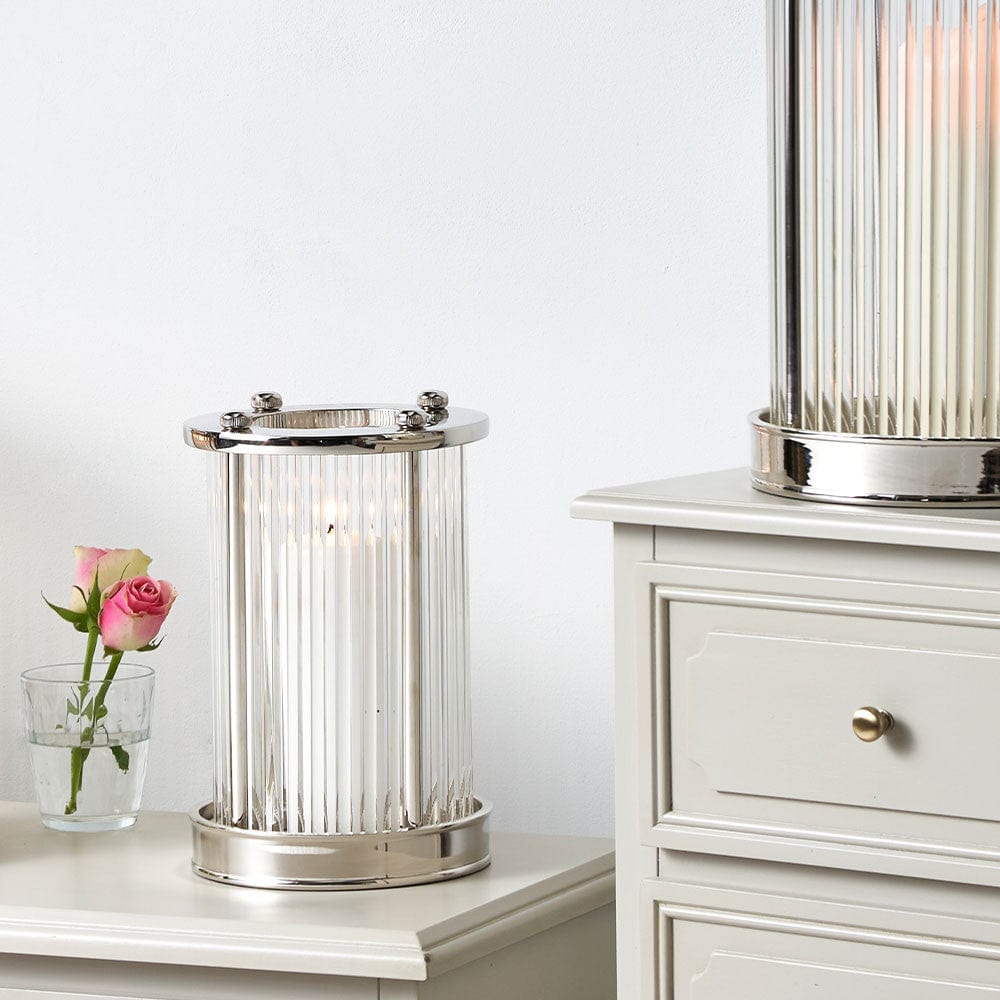 Silver Metal and Clear Textured Glass Small Hurricane.