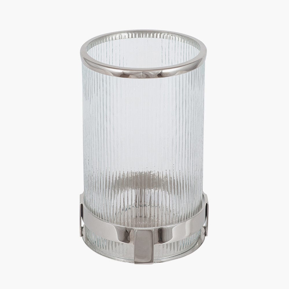 Silver Metal and Clear Textured Glass Tall Hurricane.