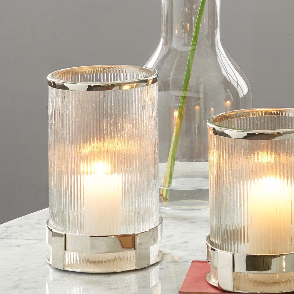 Silver Metal and Clear Textured Glass Tall Hurricane.