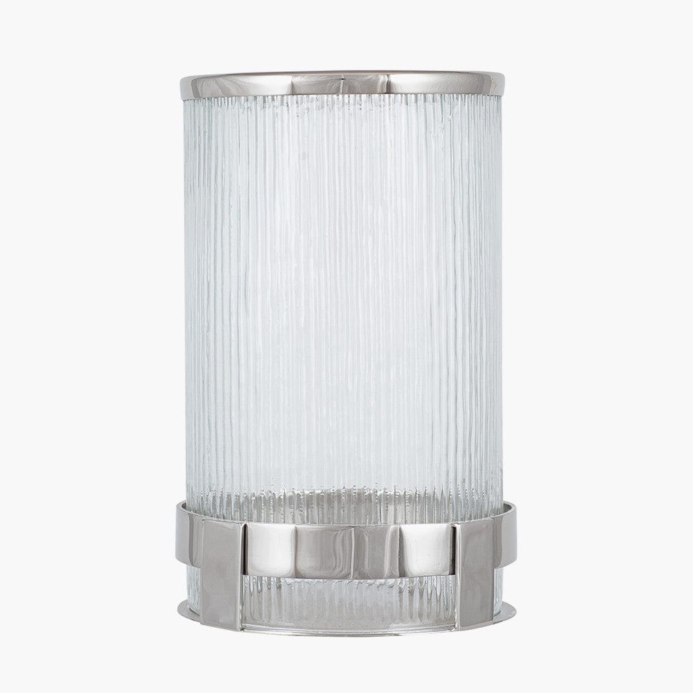 Silver Metal and Clear Textured Glass Tall Hurricane.