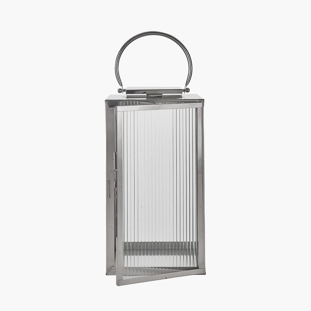 Silver Metal and Ribbed Glass Lantern Large.