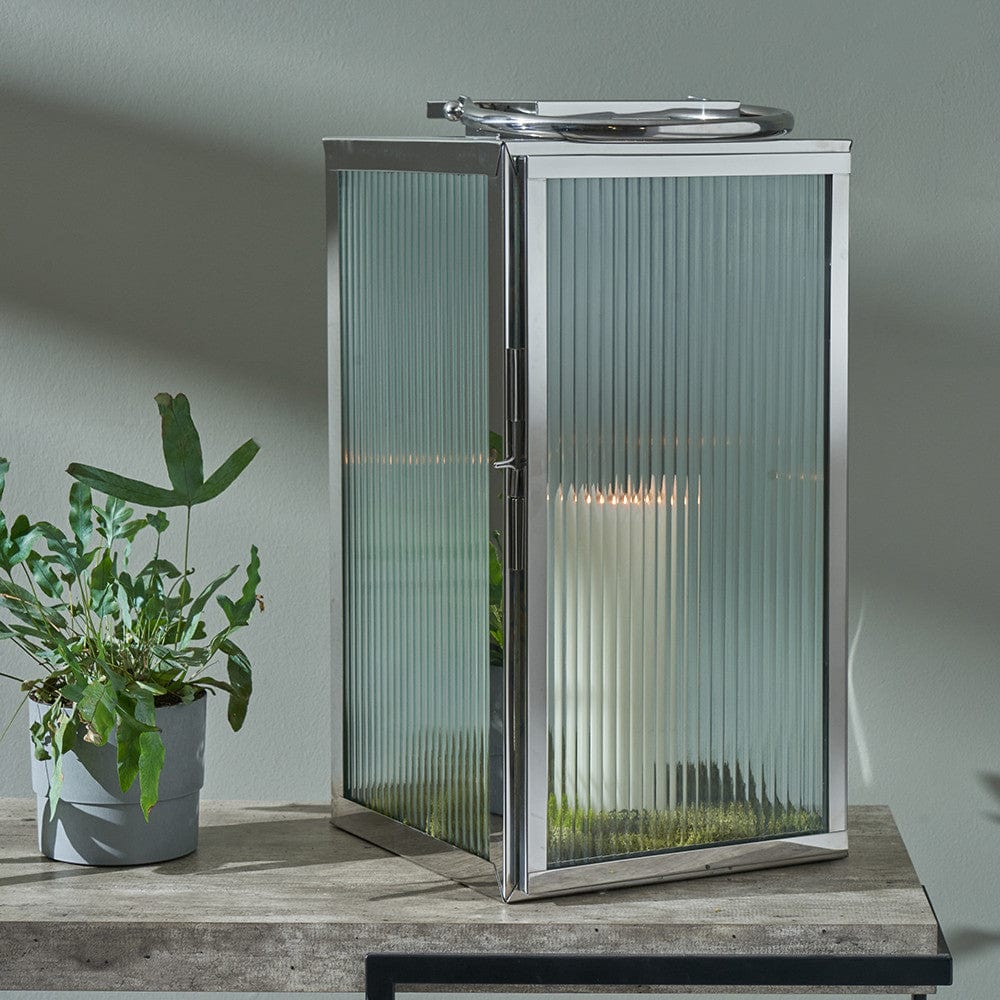 Silver Metal and Ribbed Glass Lantern Large.