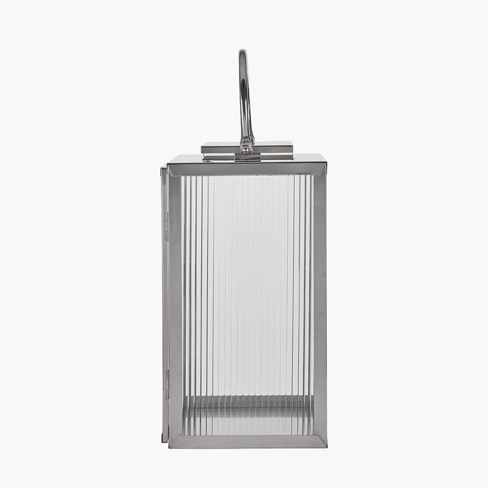 Silver Metal and Ribbed Glass Lantern Large.