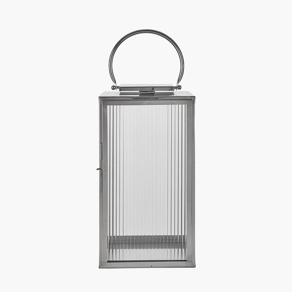 Silver Metal and Ribbed Glass Lantern Large.