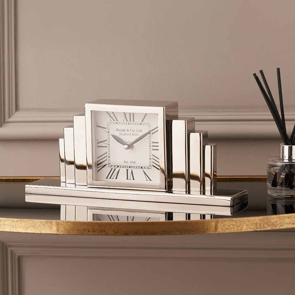 Silver Metal Art Deco Table Clock.