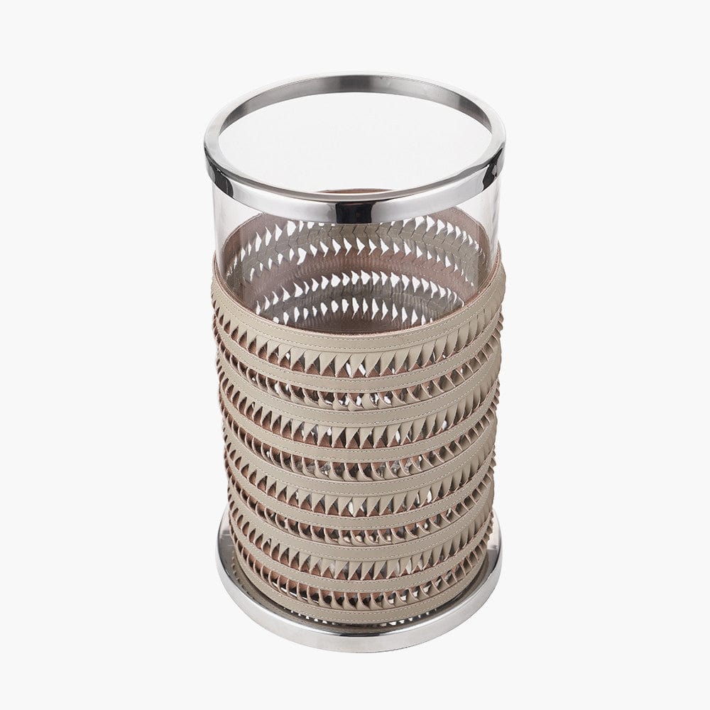 Silver Metal, Clear Glass and Grey Plaited Leather Hurricane Large.