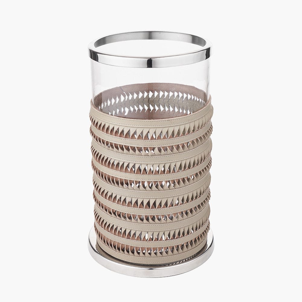 Silver Metal, Clear Glass and Grey Plaited Leather Hurricane Large.