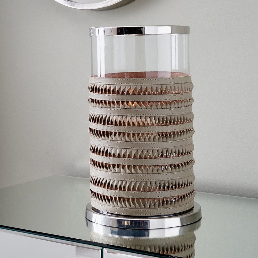 Silver Metal, Clear Glass and Grey Plaited Leather Hurricane Large.